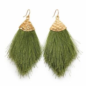 Olive Green Tassel Earrings Hammered Gold Fan Boho Statement Dangle St Patrick's
